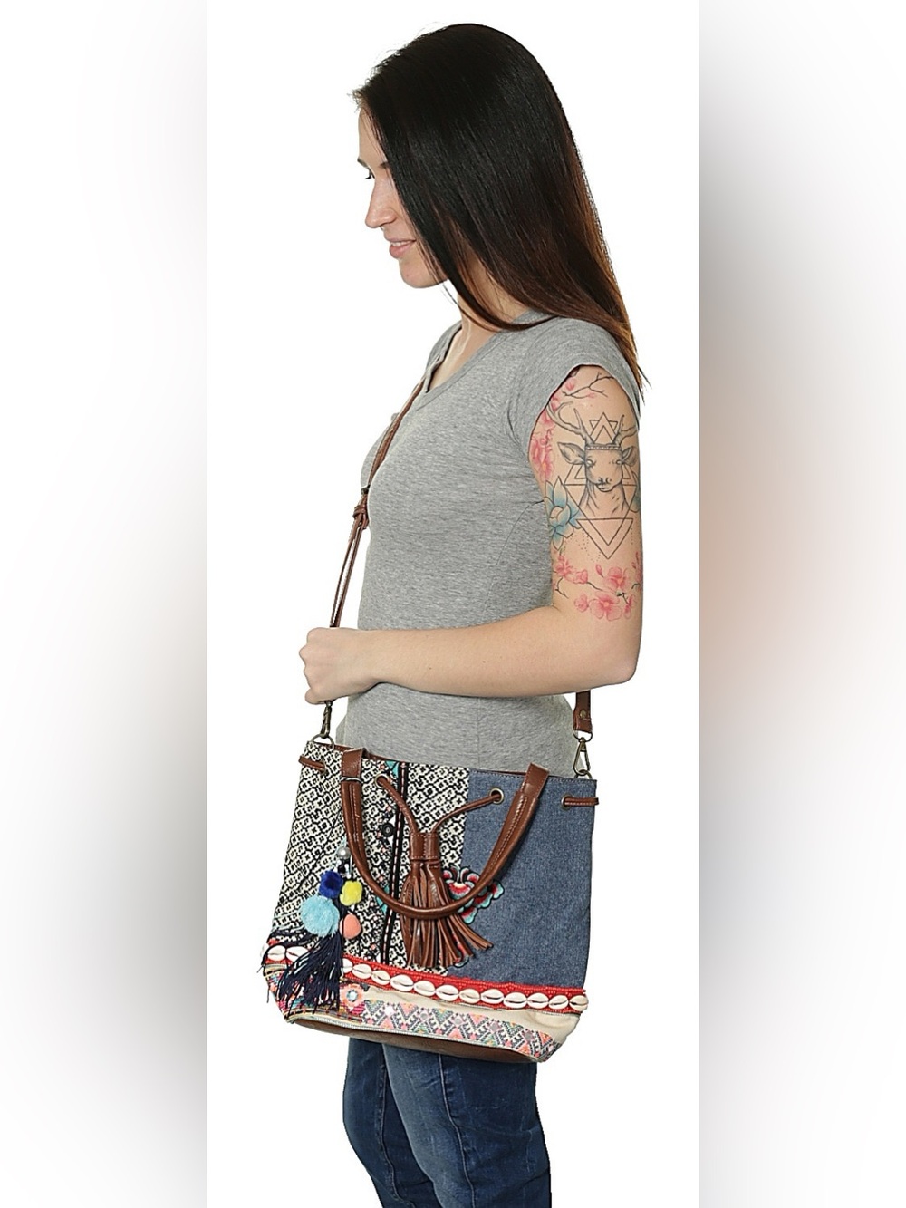 Desigual Bucket Bag Shoulder Bag Purse With Floral Pattern & Embroidered Shells
